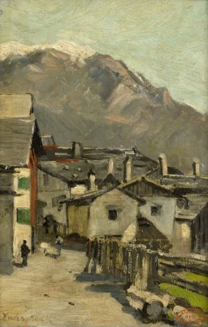 Houses along a road near a mountain by Geo Poggenbeek Oil Painting