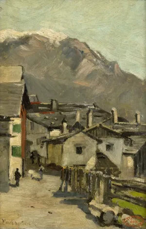 Houses along a road near a mountain by Geo Poggenbeek Oil Painting