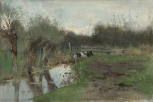 Weiland met liggende koe bij een sloot by Geo Poggenbeek Oil Painting