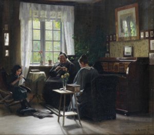 Mor, Datter Og Barnebarn Strikker by Georg Achen Oil Painting