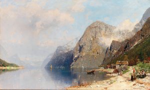 A fjord landscape by Georg Anton Rasmussen Oil Painting