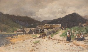Norwegian fishing village by Georg Anton Rasmussen Oil Painting