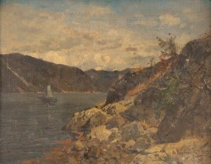 Ship in rocky fjord by Georg Anton Rasmussen Oil Painting