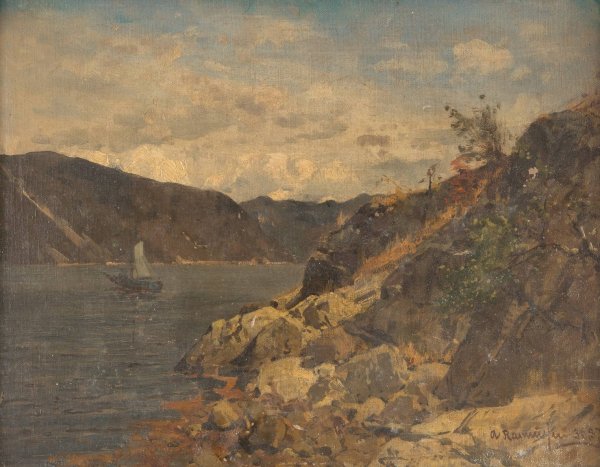 Ship in rocky fjord  by Georg Anton Rasmussen - Hand-Painted Oil Painting Reproduction