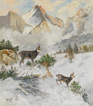 Chamois in a Winter Landscape by Georg Berger Oil Painting