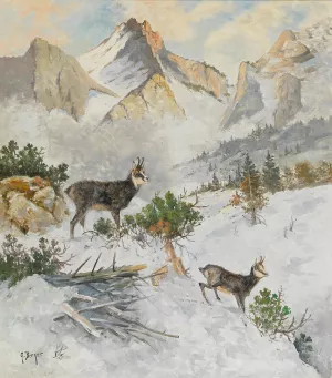 Chamois in a Winter Landscape by Georg Berger Oil Painting