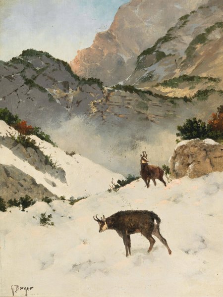 Gamsen im Hochgebirge by Georg Berger - Hand-Painted Oil Painting Reproduction
