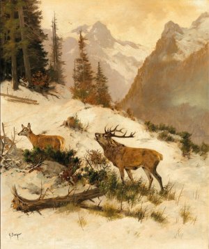 Roe Deer in a Mountain Landscape in Winter by Georg Berger Oil Painting