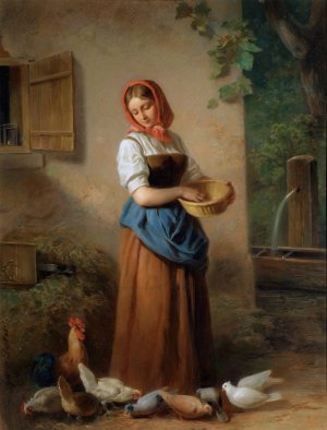 Ein Madchen, Huhner und Tauben futternd by Georg Decker Oil Painting