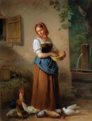 Ein Madchen, Huhner und Tauben futternd by Georg Decker Oil Painting