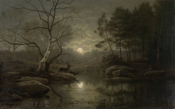 Forest Landscape in the Moonlight  by Georg Eduard Otto Saal - Hand-Painted Oil Painting Reproduction