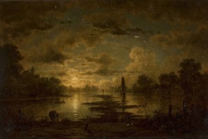 Moonlit night at the lake by Georg Eduard Otto Saal Oil Painting