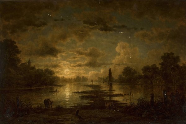 Moonlit night at the lake  by Georg Eduard Otto Saal - Hand-Painted Oil Painting Reproduction