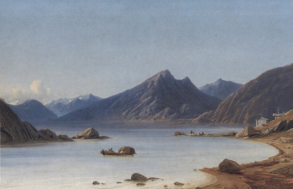 Fishing on a Fjord by Georg Emil Libert - Hand-Painted Oil Painting Reproduction