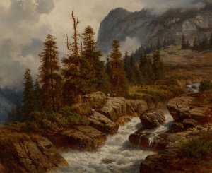 Goats by an alpine stream by Georg Engelhardt Oil Painting