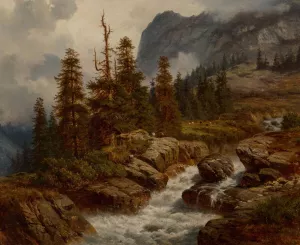 Goats by an alpine stream by Georg Engelhardt Oil Painting
