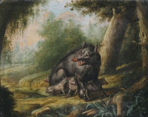 Eine Wildsau mit ihren Jungen. Ein Bar wird von Bienen attackiert. by Georg Ernst Sandner Oil Painting