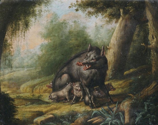 Eine Wildsau mit ihren Jungen. Ein Bar wird von Bienen attackiert. by Georg Ernst Sandner - Hand-Painted Oil Painting Reproduction