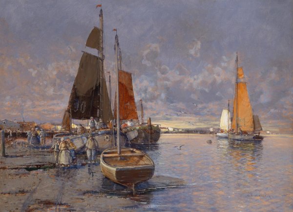Fischer an der Mole im Abendrot  by Georg Fischhof - Hand-Painted Oil Painting Reproduction