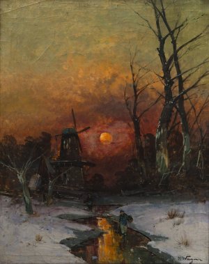 Winter Landscape At Sunset by Georg Fischhof Oil Painting