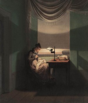 Young Woman Sewing by the Light of a Lamp