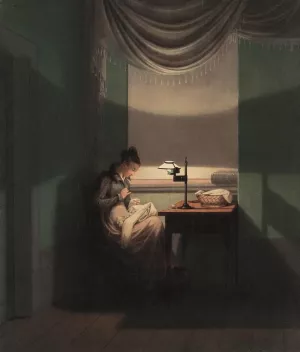 Young Woman Sewing by the Light of a Lamp by Georg Friedrich Kersting - Oil Painting Reproduction
