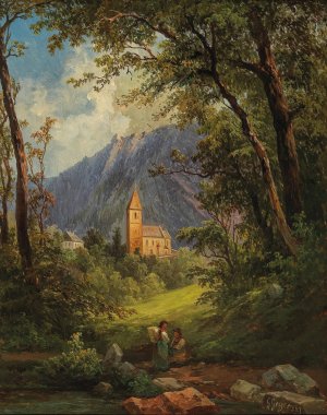 A Small Church in the Mountains by Georg Geyer Oil Painting