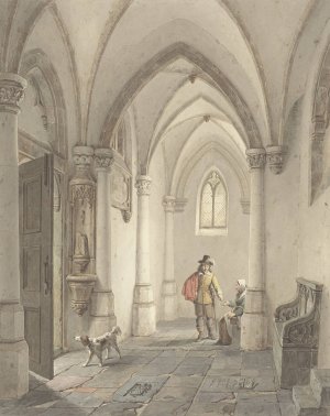 Kerkinterieur met man die bedelaarster een aalmoes geeft by Georg Gillis Van Haanen Oil Painting