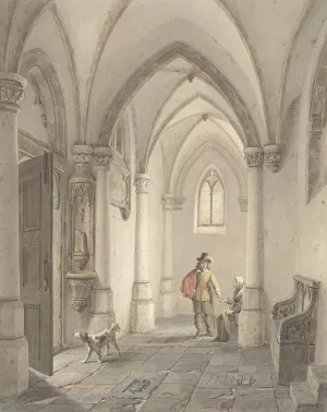 Kerkinterieur met man die bedelaarster een aalmoes geeft by Georg Gillis Van Haanen Oil Painting