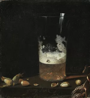 Still Life with a Glass of Beer and Nuts by Georg Hainz Oil Painting