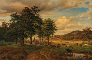A Pasture Landscape with Cows, in the Background a Village by Georg Heinrich Crola Oil Painting