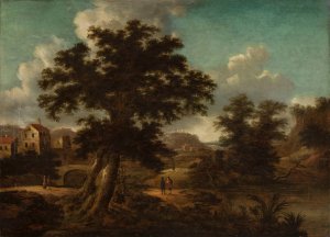 Landscape with a bridge, a large tree and travellers by Georg Heinrich Hergenroder Oil Painting