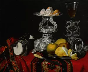 Still life with a facon-de-Venise serpent-stemmed wine glass, a silver vessel, a block of sugar and lemons on a pewter plate, all on a draped table by Georg Hinz Oil Painting