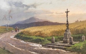 Landstrase mit Kornfeld und Wegkreuz by Georg Janny Oil Painting