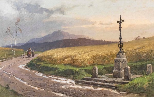 Landstrase mit Kornfeld und Wegkreuz by Georg Janny - Hand-Painted Oil Painting Reproduction