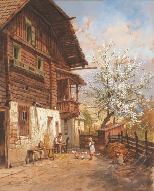 Springtime on a farm by Georg Janny Oil Painting