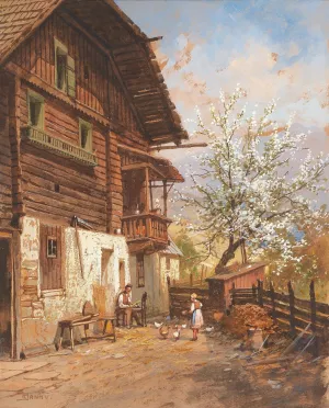 Springtime on a farm by Georg Janny Oil Painting