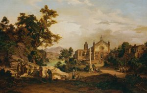 Italienische Landschaft mit Pilgern by Georg Petzolt Oil Painting