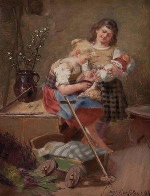 Zwei Madchen mit Puppen by Georg Rossler Oil Painting