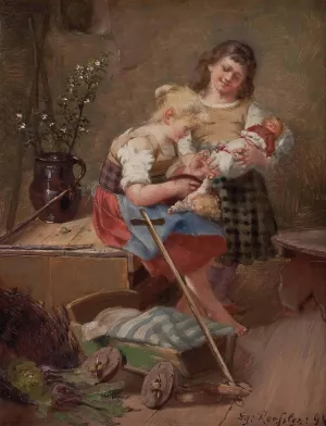 Zwei Madchen mit Puppen Oil painting by Georg Rossler