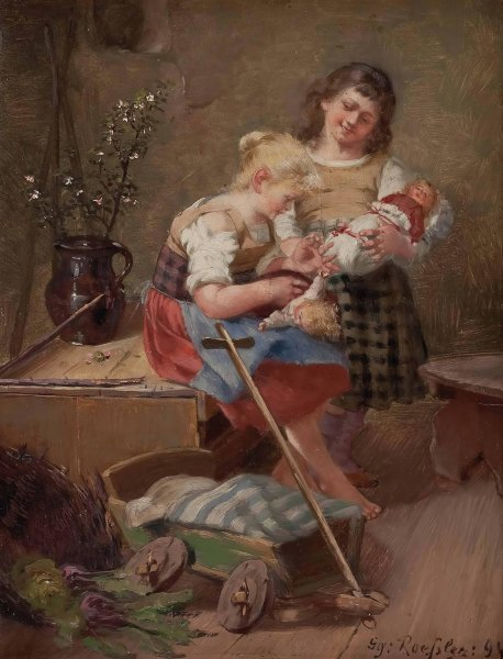 Zwei Madchen mit Puppen  by Georg Rossler - Hand-Painted Oil Painting Reproduction