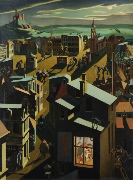 German Small Town by Night  by Georg Scholz - Hand-Painted Oil Painting Reproduction