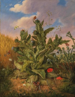 Large Still Life of Thistle with Meadow Flowers and Butterflies by Georg Seitz Oil Painting