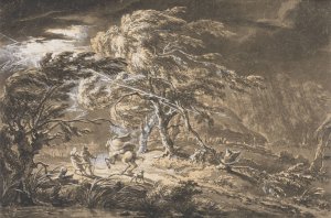The Lightning Flash, Travellers in a Thunderstorm on a Woodland Road by George Barret Oil Painting