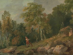 Wooded Landscape with a Boy and his Dog by George Barret Oil Painting
