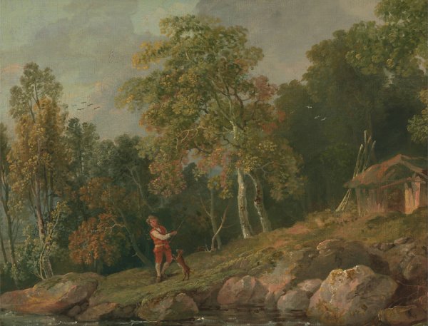 Wooded Landscape with a Boy and his Dog  by George Barret - Hand-Painted Oil Painting Reproduction