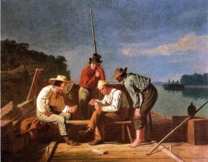 In a Quandry also known as Mississippi Raftsmen Playing Cards by George Caleb Bingham Oil Painting
