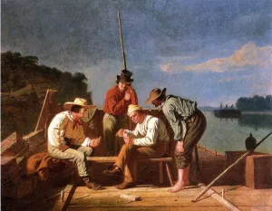 In a Quandry also known as Mississippi Raftsmen Playing Cards by George Caleb Bingham - Oil Painting Reproduction