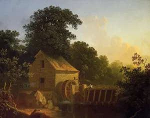 Landscape with Waterwheel and Boy Fishing by George Caleb Bingham - Oil Painting Reproduction