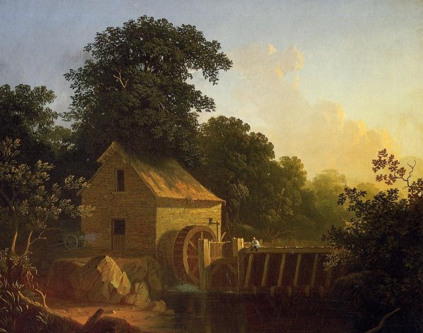 Main Product Photo of Landscape with Waterwheel and Boy Fishing Painting by George Caleb Bingham